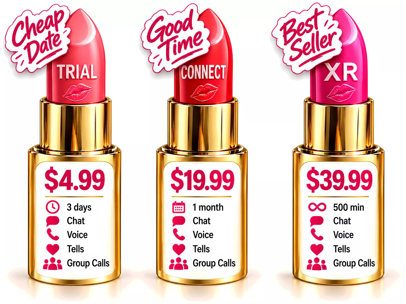 Trial $4.99 for 3 days. Connect $19.99 a month. XR $39.99, 500 minutes. Every plan: chat, voice, Tells and group calls.